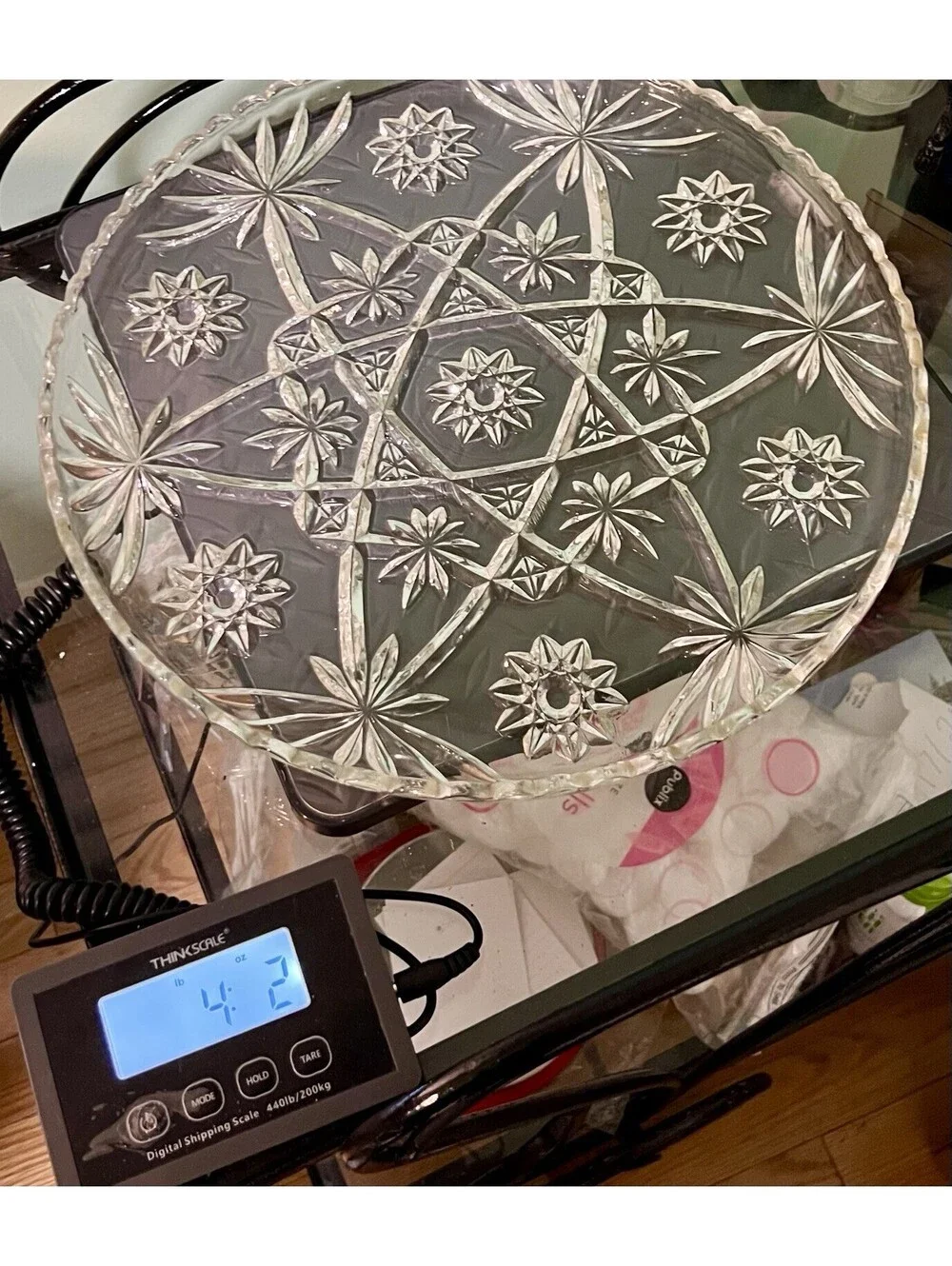 Anchor Hocking 1960s EAPC Star Of David Pressed Glass Platter Plate, 13.5”